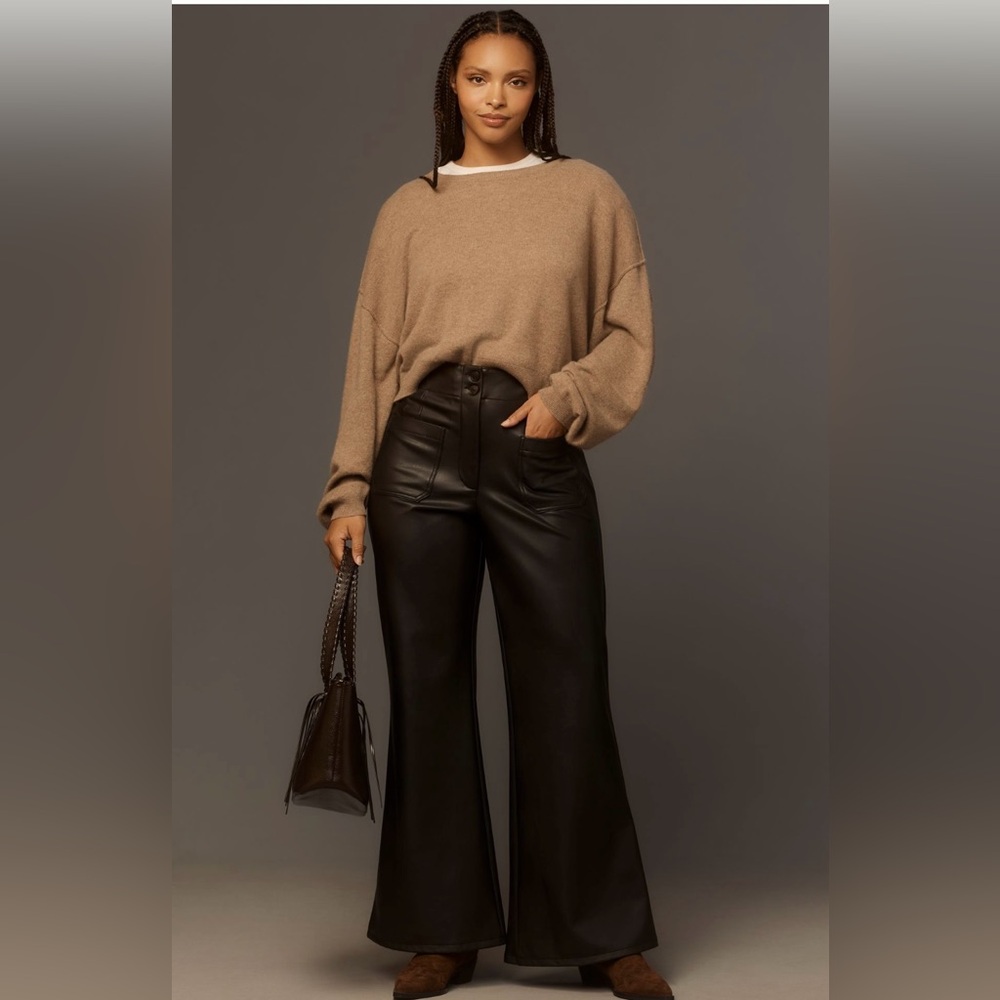 Anthropologie Mauve Faux Leather Flare Pants in Black, NWT, 24W